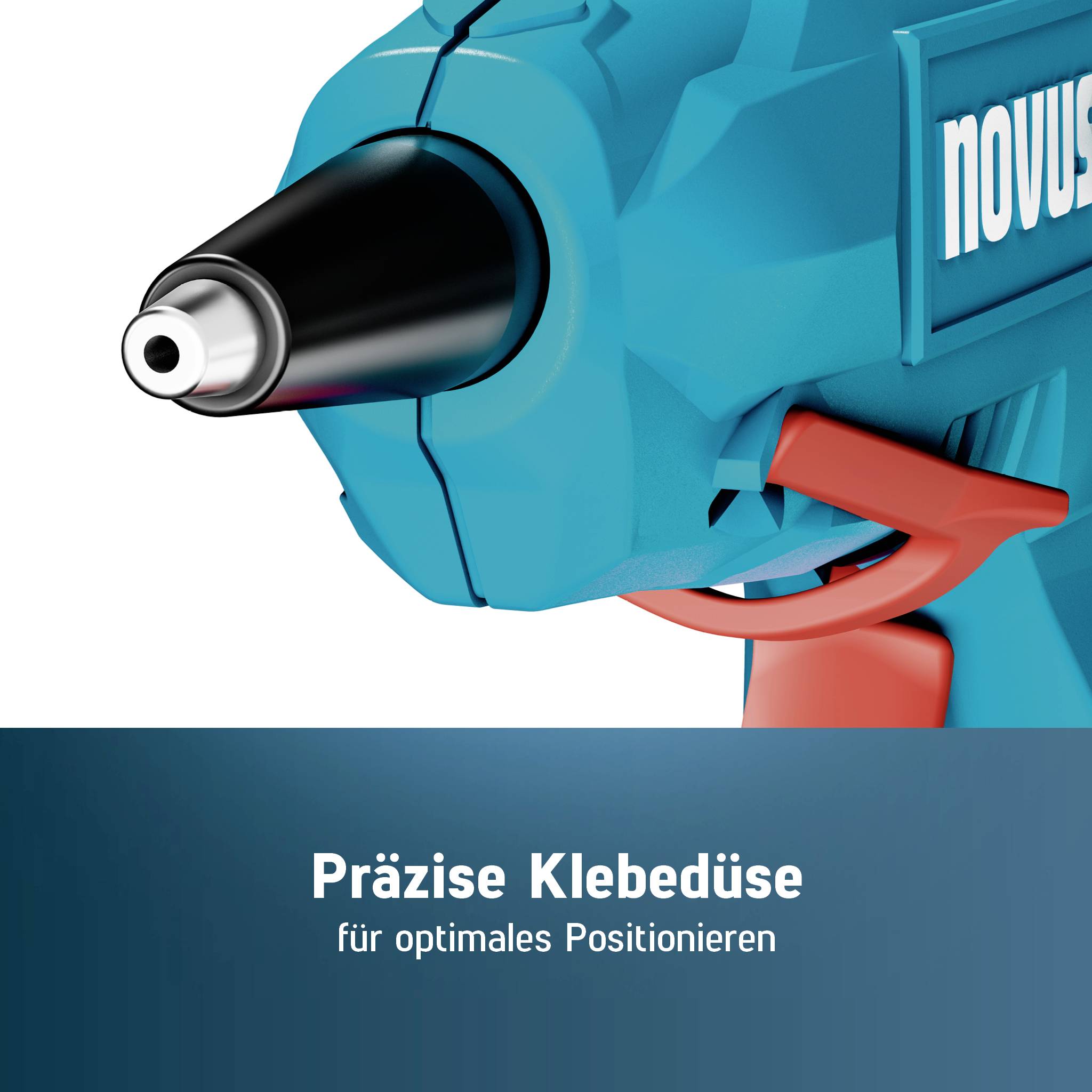 Detaljni prikaz plavog pištolja za toplu ljepilu s njemačkim tekstom 'Präzise Klebedüse für optimales Positionieren' koji promovira preciznu primjenu ljepila.