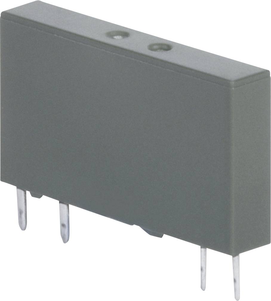 Siva pravokutna elektronička releja ili modul s četiri metalne igle, prikazana izolirano na bijeloj pozadini.