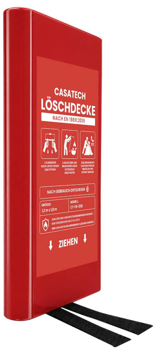 Crvenа vatrogasna pokrivača u spremniku označena s 'CASATECH LÖSCHDECKE' s dva crna povlačna jezička za hitnu upotrebu.