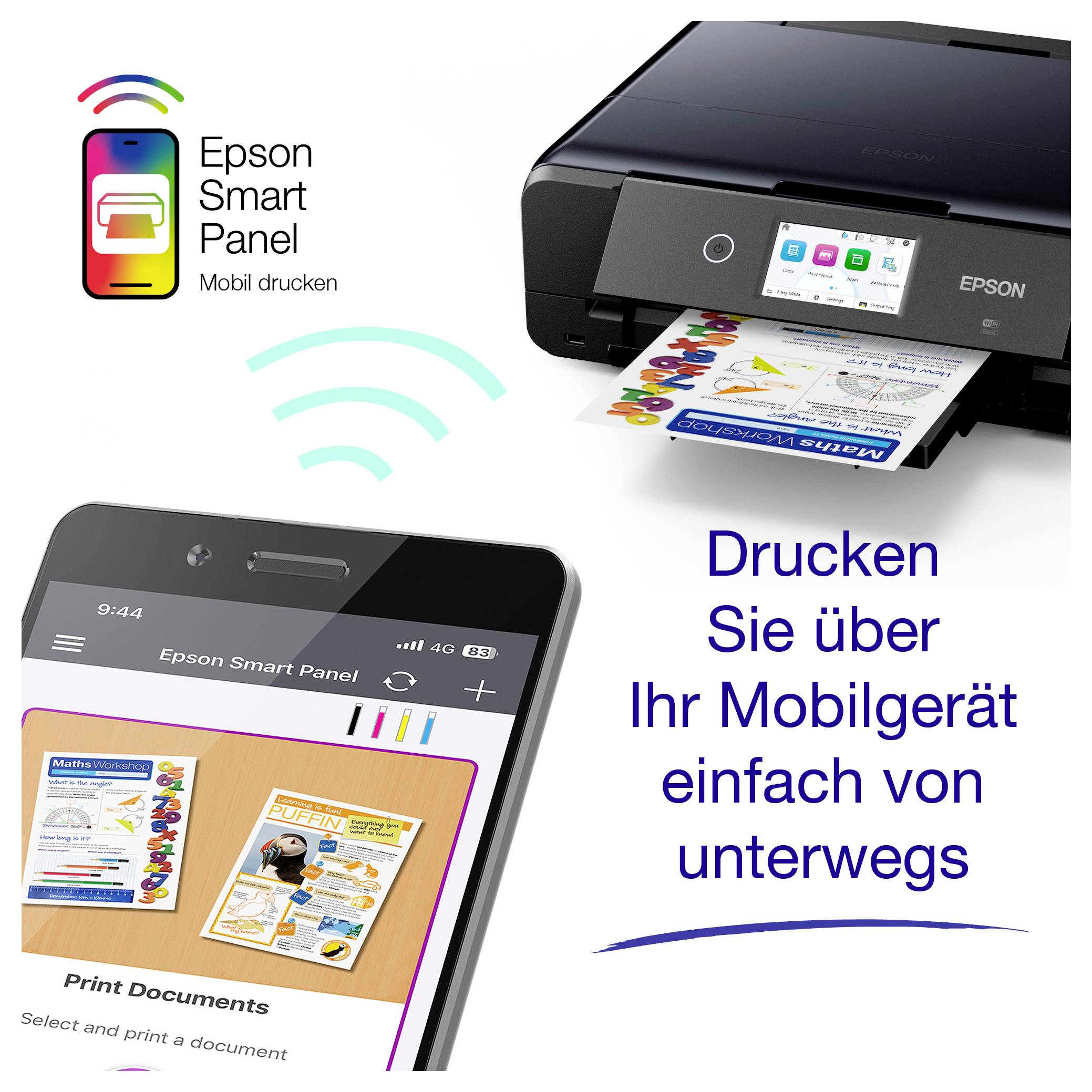 Epson Smart Panel aplikacija s reklamom koja prikazuje pisač i smartphone koji bežično ispisuju dokumente, s hrvatskim tekstom 'Jednostavno ispisujte sa svojeg mobilnog uređaja bilo gdje ste' i 'Mobilni ispis'.