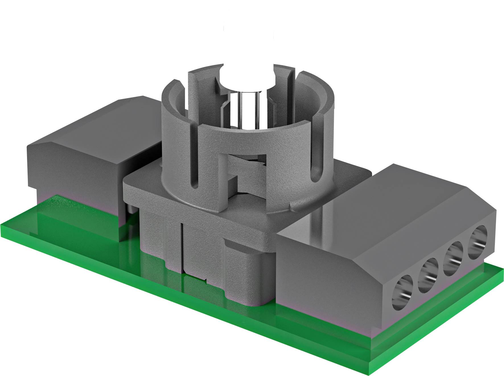 3D prikaz elektroničkog konektorskog modula na zelenoj pločici, sa centralnim kružnim utičnicom i bočnim terminalnim blokovima.