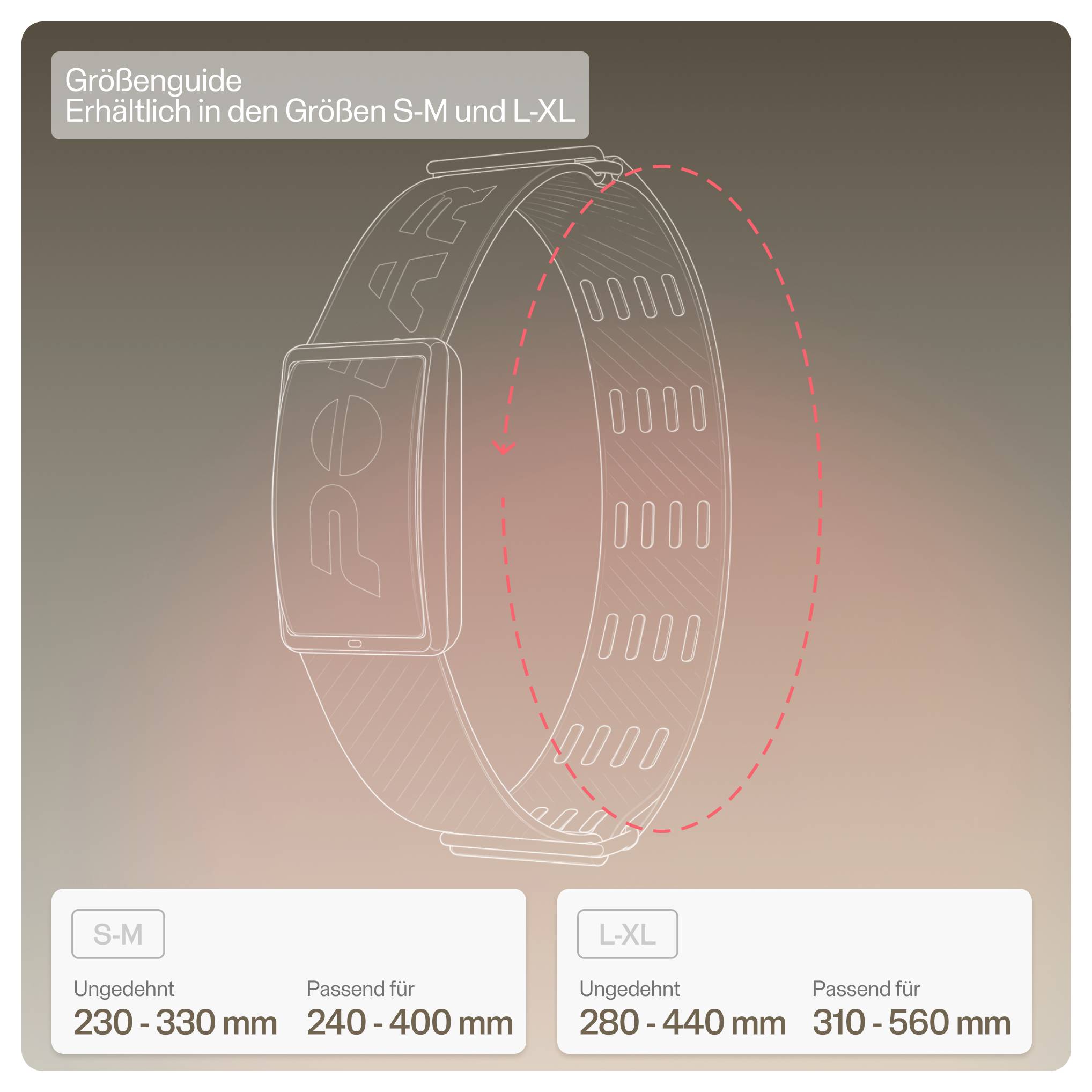 Vodič za veličine narukvice; dostupne u S-M i L-XL. S-M odgovara 230-330 mm neprošireno, 240-400 mm prilagođeno; L-XL odgovara 280-440 mm neprošireno, 310-560 mm prilagođeno.