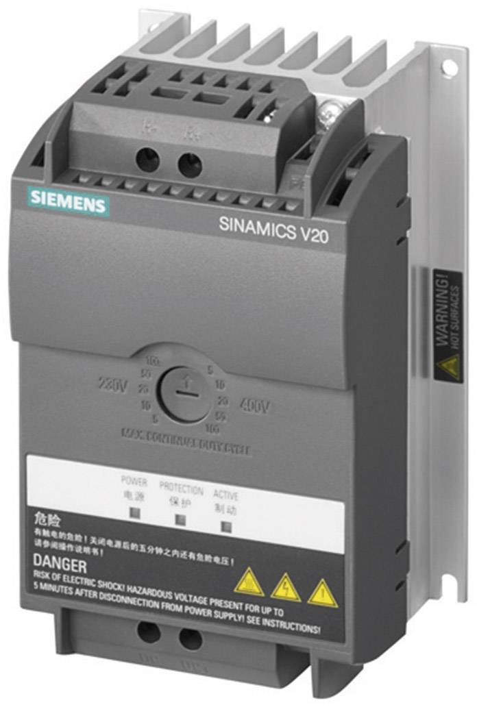 Pretvarač frekvencije Siemens SINAMICS V20, prikazuje upravljačku ploču i sigurnosne napomene za električnu sigurnost, pogodan za 230V i 400V.
