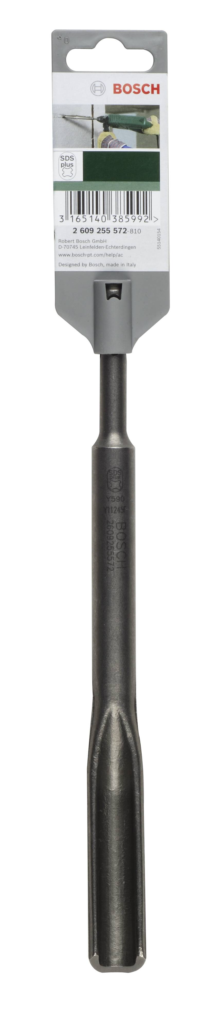 Na sivoj ambalaži piše 'Bosch SDS-plus špic dleto'. Dleto je izrađeno od metala i namijenjeno je uporabi u čekićima bušačima.