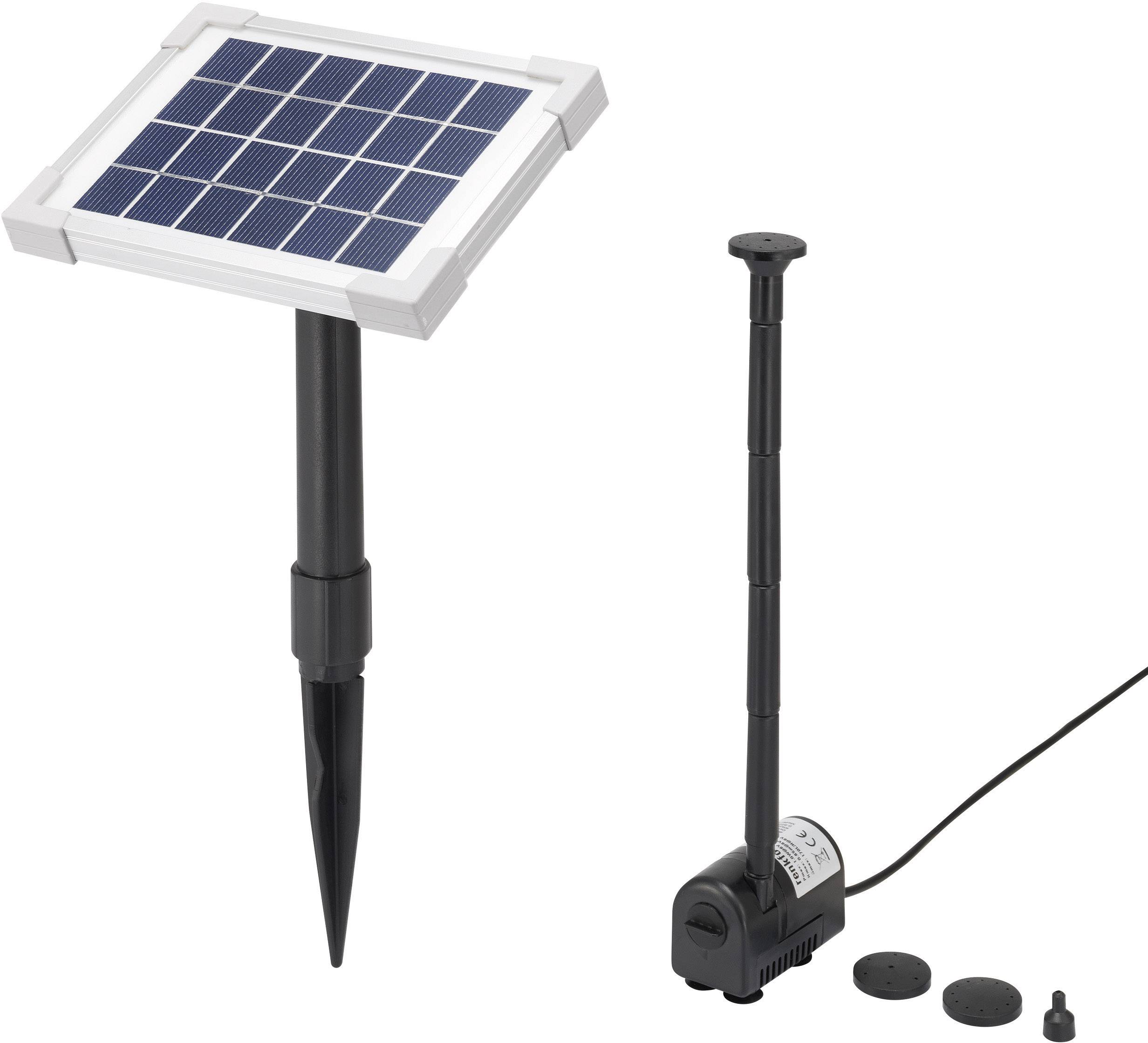 Solarna vodena pumpa s mobilnim solarnim panelom s lijeve strane i pumpom s mlaznicama s desne strane, idealna za vrtne bazene.