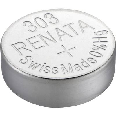 Srebrna gumbasta baterija s natpisom '303 RENATA Swiss Made 0% Hg'.