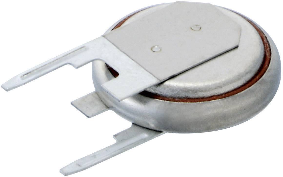 Okrugla, ravna gumbasta baterija od metala. Ima dvije priključne jezičce za montažu, vjerojatno baterija za elektroničke uređaje.
