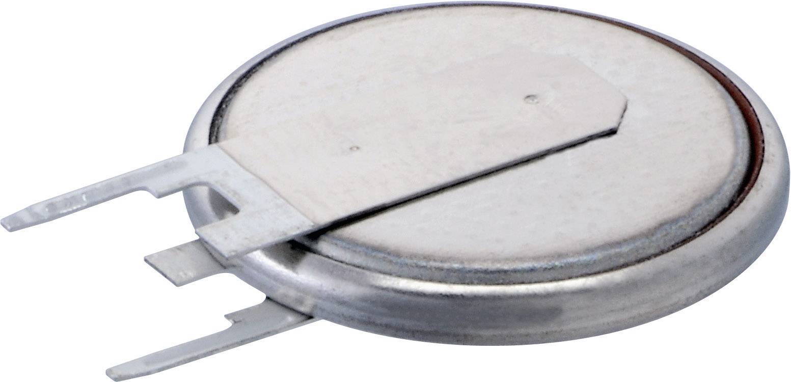 Srebrna gumbasta baterija s dvije ravne priključne trake, tipična za upotrebu u prijenosnim elektroničkim uređajima.