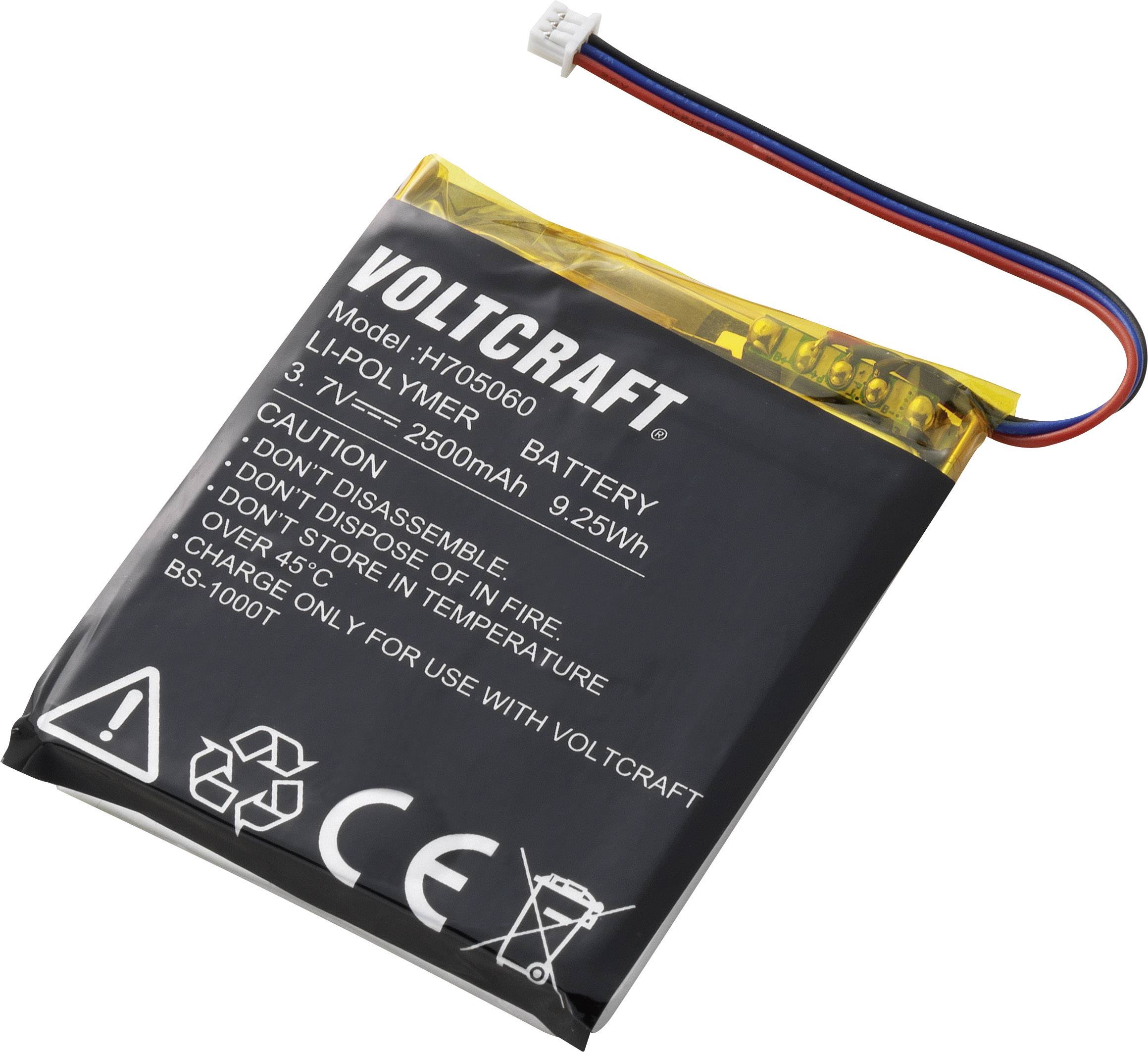 Litij-polimerska baterija Voltcraft, model: H705060, 3,7V, 2500mAh. Sigurnosne napomene: ne rastavljati, ne bacati u vatru, ne skladištiti iznad 60°C.