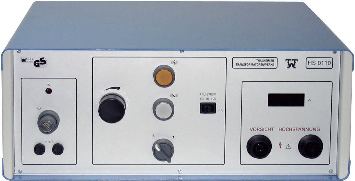Transformatorska ispitna stanica HS 0110 s okretnim gumbima, prekidačima i digitalnim zaslonom. Napomena: 'Oprez - visoki napon'.