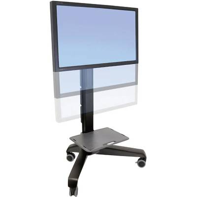 Mobilni stalak za monitor s podesivom visinom zaslona i odlagalnom površinom na kotačima, pogodan za prezentacije.
