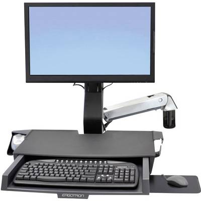 Računalni monitor s podesivom rukom, ispod koje se nalazi nosač tipkovnice s tipkovnicom. Postav je dizajniran ergonomski.