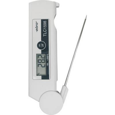 Digitalni termometar s preklopnom sondom pokazuje 28,2 °C. Lijevo se nalazi tipka za uključivanje/isključivanje. Pogodan za mjerno područje od -50 do 200 °C.