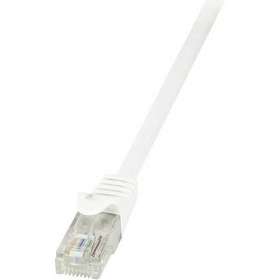 Bijeli Ethernet kabel s RJ-45 utikačem prikazan je odozgo prema dolje.