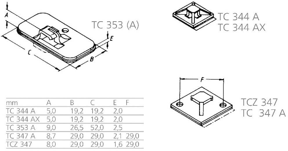 Tehnički crtež s tablicama vrijednosti i dvije ilustracije komponenata. Prikazuje dimenzije i modele: TC 353 (A), TC 344 (A/AX), TCZ 347 (A).