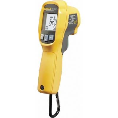 Žuti infracrveni termometar, model 'Fluke 62 MAX+', prikazuje temperaturu od 62 °C. Ima kompaktan dizajn.