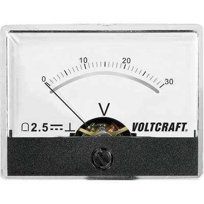 Analogni voltmetar pokazuje oko 0 V. Skala od 0 do 30 V. Marka 'Voltcraft'. Pogodan za mjerenje istosmjernih napona oko 2,5 A.