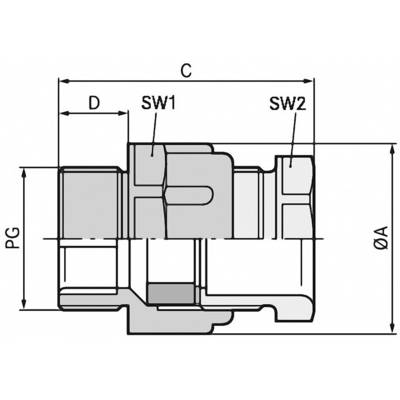 Tehnički nacrt konektora s dimenzijama: C, D, PG, ØA i ključne površine SW1, SW2. Poprečni profil.