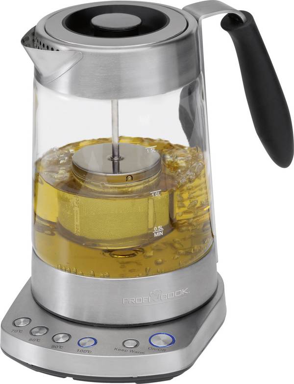 Kuhalo za vodu s cjediljkom za čaj, s ručnim podeš. temp. Profi Cook PC-WKS 1020 G plemeniti čelik, staklo 501020