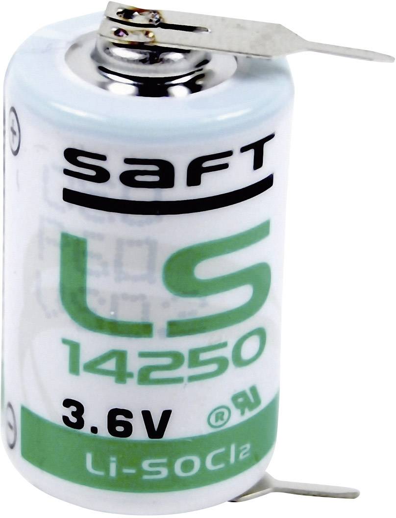 Baterija s natpisom 'SAFT LS 14250 3.6V Li-SOCl2'. Cilindričnog je oblika u zeleno-bijeloj boji.