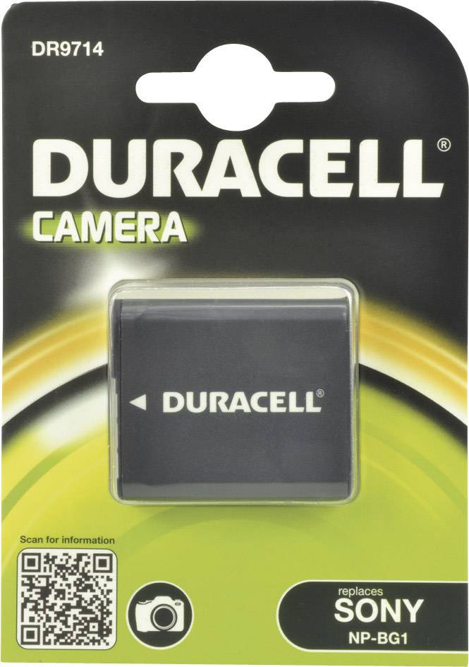 Baterija za kameru 'Duracell' u pakiranju, model DR9714, zamjena za 'Sony NP-BG1'. Pakiranje u crnoj i zelenoj boji s QR kodom u donjem lijevom kutu.