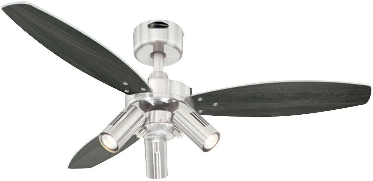 Stropni ventilator s tri tamna krila i dvije ugrađene svjetiljke u modernoj metalnoj izvedbi.