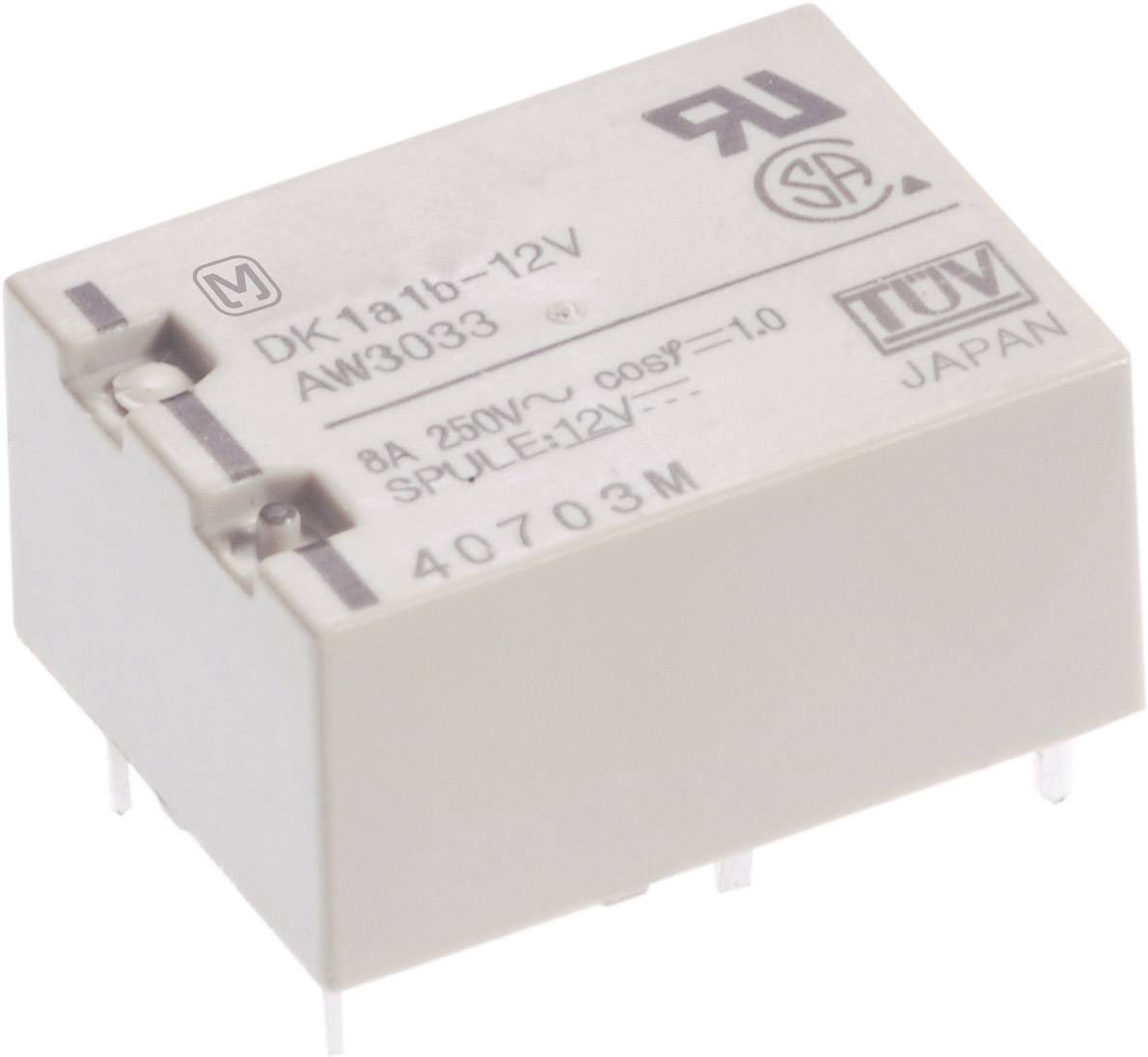 Relej 'DK1a1b-12V' s TÜV i UL oznakama, prikazuje električne specifikacije, uključujući '250V', '3A' i 'JAPAN'.