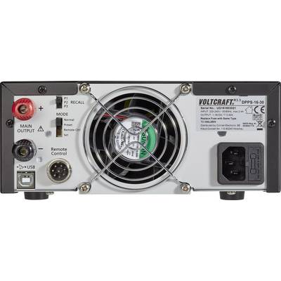 Pogled straga na Voltcraft DPPS-16-30 uređaju s ventilatorom, različitim priključcima i upravljačkim elementima za kontrolu i napajanje.
