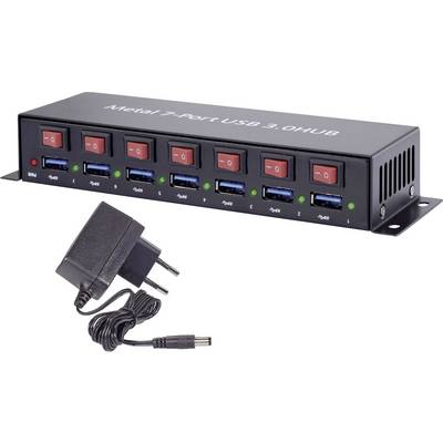 Metalni 7-portni USB 3.0 hub s preklopnim tipkama, sedam USB priključaka i pripadajućim mrežnim adapterom. Idealan za podatkovne povezivosti.