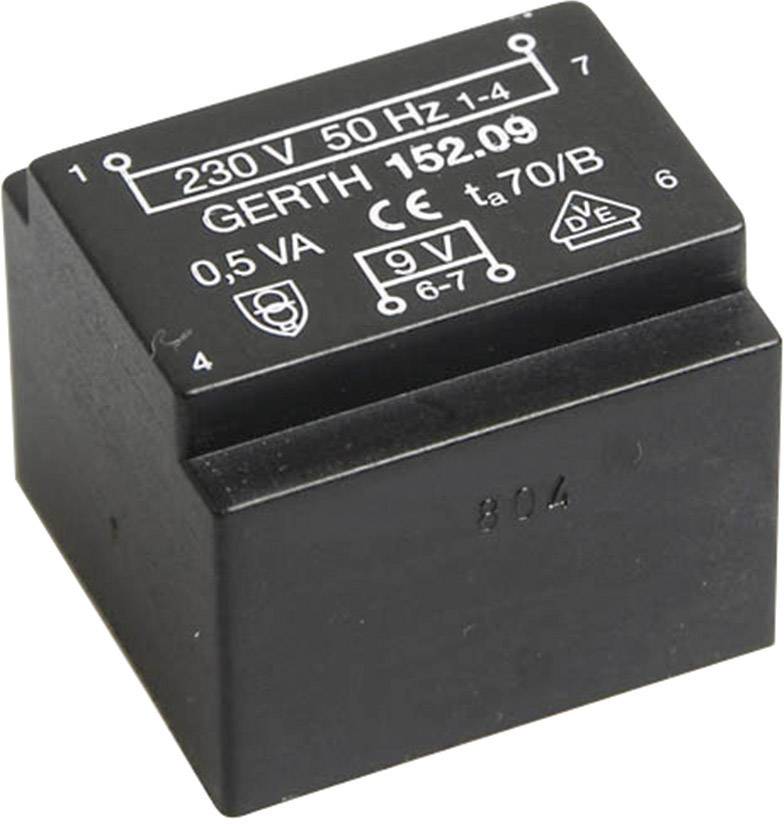 Crni transformator s bijelom oznakom: '230 V, 50 Hz, 0,5 VA'. Prikazuje tehnološke specifikacije.