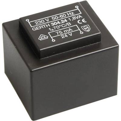 Crni transformator s natpisom: '230 V 50-60 Hz, 75 mA, 24 V'. Služi za pretvaranje napona u elektroničkim uređajima.