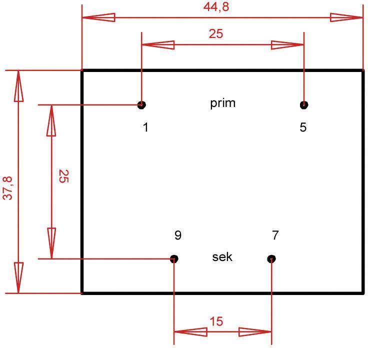 Dijagram pravokutnika dimenzija 44,8 x 37,8. Označen natpisom 'prim' gore i 'sek' dolje. Crvene strelice prikazuju udaljenosti.