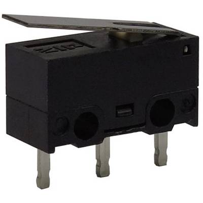 Crni mikro prekidač s tri metalne priključnice i polugom na vrhu, korišten u elektroničkim sklopovima za signalne ili upravljačke svrhe.