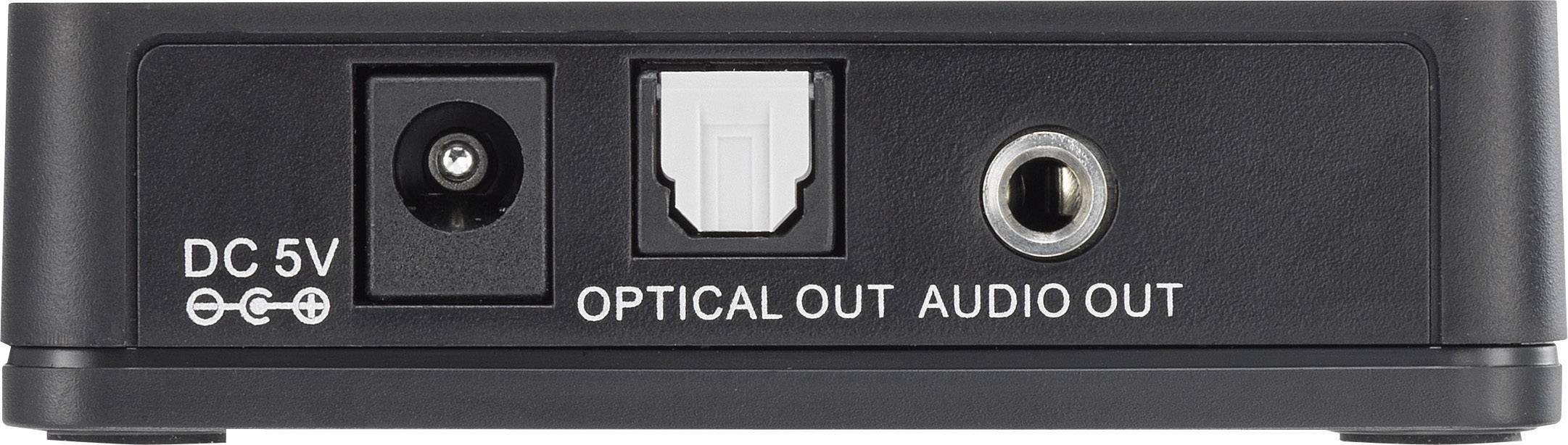 Stražnja strana audio uređaja s priključcima: 'DC 5V', 'Optički izlaz' i 'Audio izlaz'.