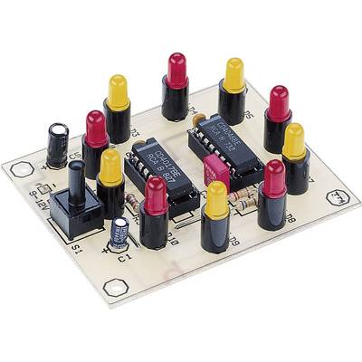 Elektronički sklop s više LED dioda u crvenoj i žutoj boji, dva mikročipa i nekoliko tipki montirani na tiskanu pločicu.