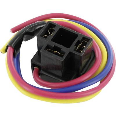 Crni električni utikač s crvenim, žutim i plavim vodovima, blago uvijen; koristi se za električne spojeve.