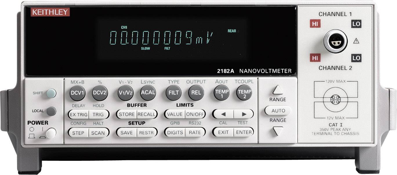 Keithley 2182A Naniovoltmetar prikazuje digitalnu vrijednost izmjerenog napona, ima nekoliko upravljačkih elemenata i mogućnosti ulaza.