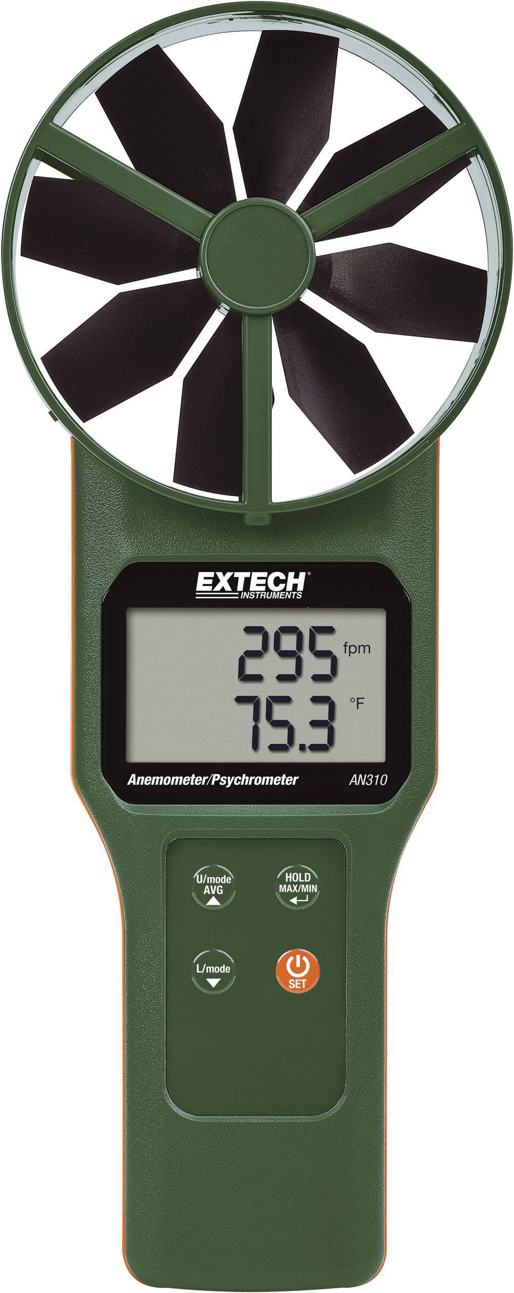 Zeleni anemometar s velikim ventilatorom i digitalnim zaslonom. Prikazuje vrijednosti '295 lpm' i '75.3 °F'. Model: Extech AN310.