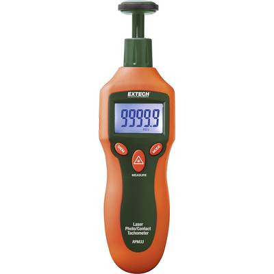 Ručni tahometar s digitalnim zaslonom koji prikazuje "9999.9". Ima tipke za 'Izbornik', 'Način rada' i 'Mjerenje'. Marka Extech.