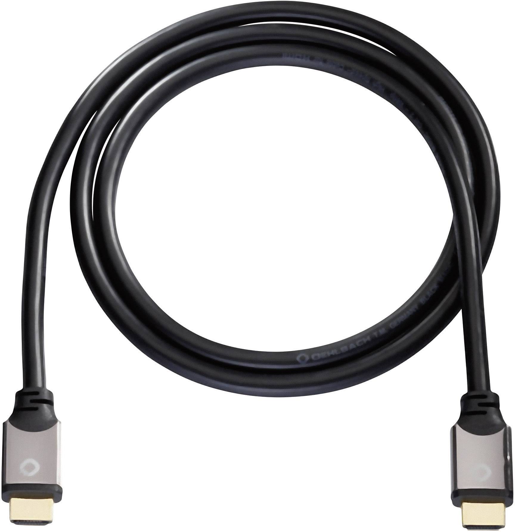 Crni HDMI kabel prikazan u obliku petlje, s dva priključka na krajevima za prijenos audio i video signala.