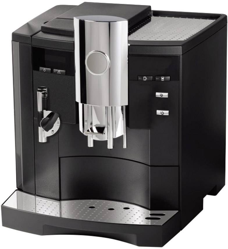 Crna espresso mašina sa srebrnim naglascima, dvostrukim mlaznicama zaточenje i kontrolnim tipkama na prednjoj strani za jednostavno rukovanje.