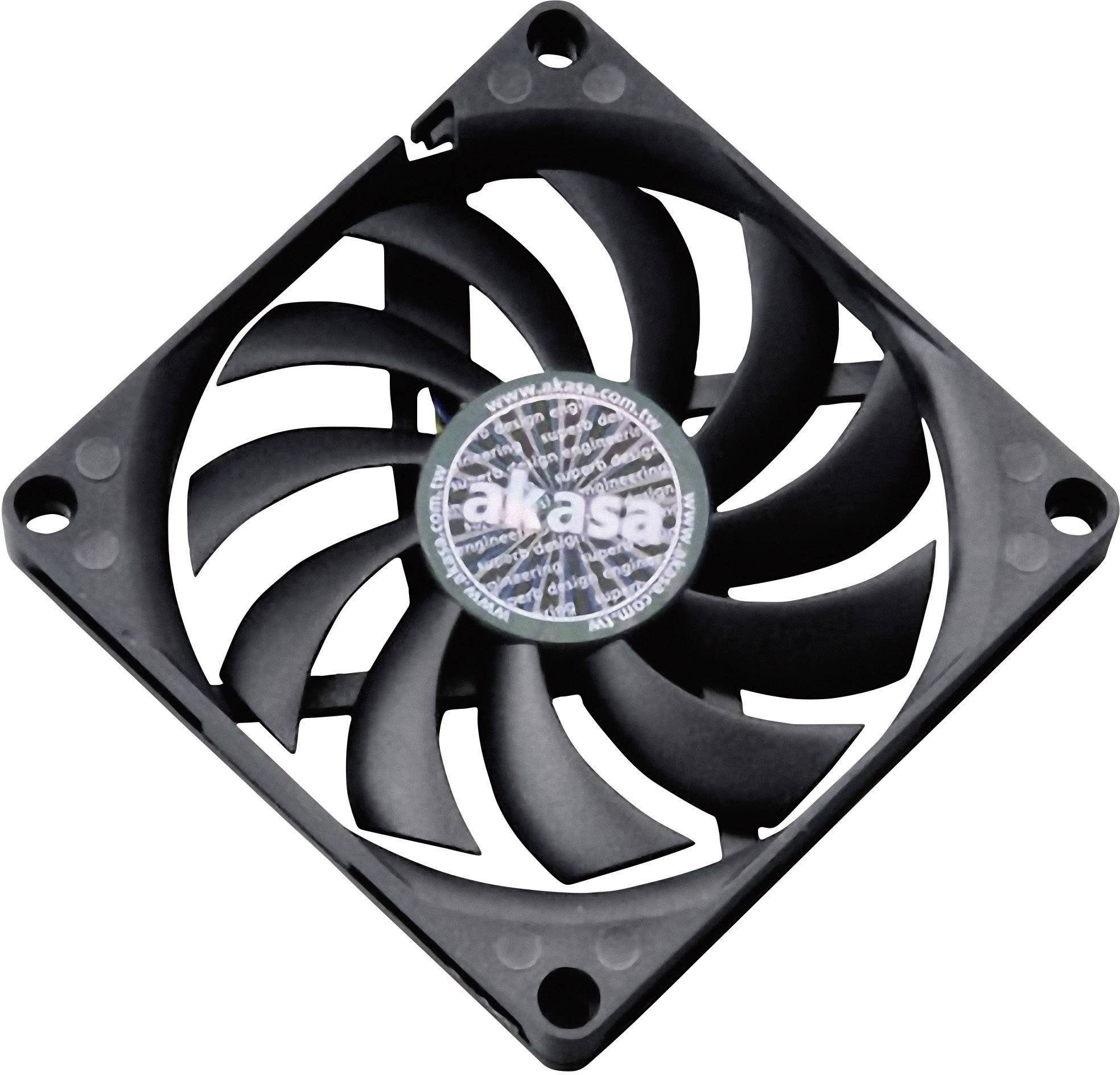 Kvadratni, crni računalni ventilator s dvanaest krila, centralnom naljepnicom s logotipom 'akasa' i četiri rupe za montažu.