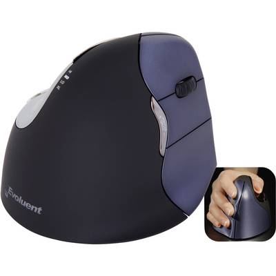 Ergonomski vertikalni miš Evoluent u crnoj i plavoj boji s prikazom kako se drži u ruci.