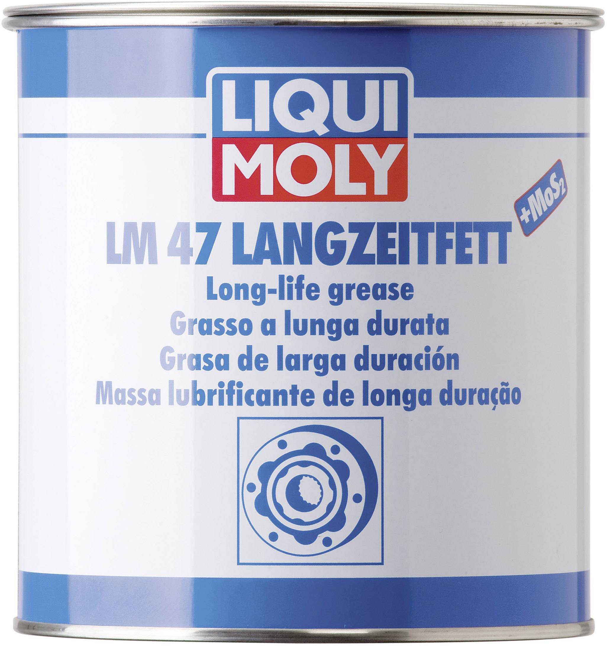 Doza s natpisom 'LIQUI MOLY LM 47 DUGOTRAJNA MAST', plavi tekst na bijeloj pozadini, sadrži dugotrajno mazivo.