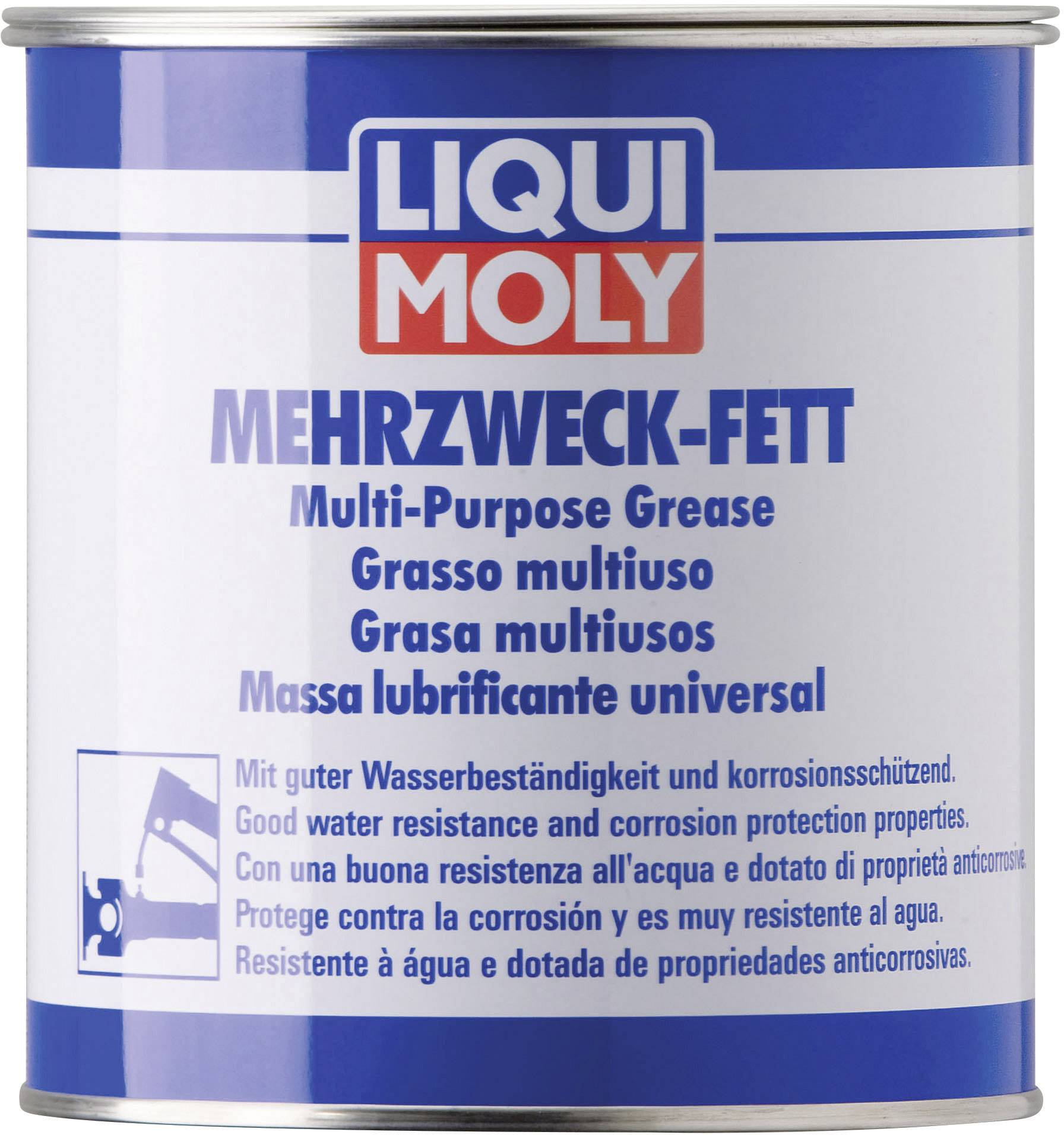 Limenka s natpisom 'LIQUI MOLY Višenamenska mast'. Višejezične napomene o otpornosti na vodu i zaštiti od korozije.