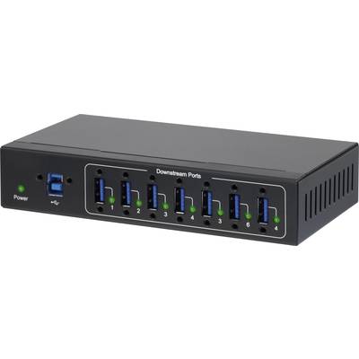 USB hub s sedam plavih USB 3.0 priključaka na prednjoj strani, zelenim indikatorskim lampicama i tipkom za napajanje lijevo.