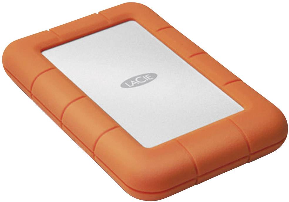 Vanjski tvrdi disk s narančastim gumenim rubom, obilježen logotipom 'LaCie' u sredini. Poznat je po svojoj izdržljivosti.