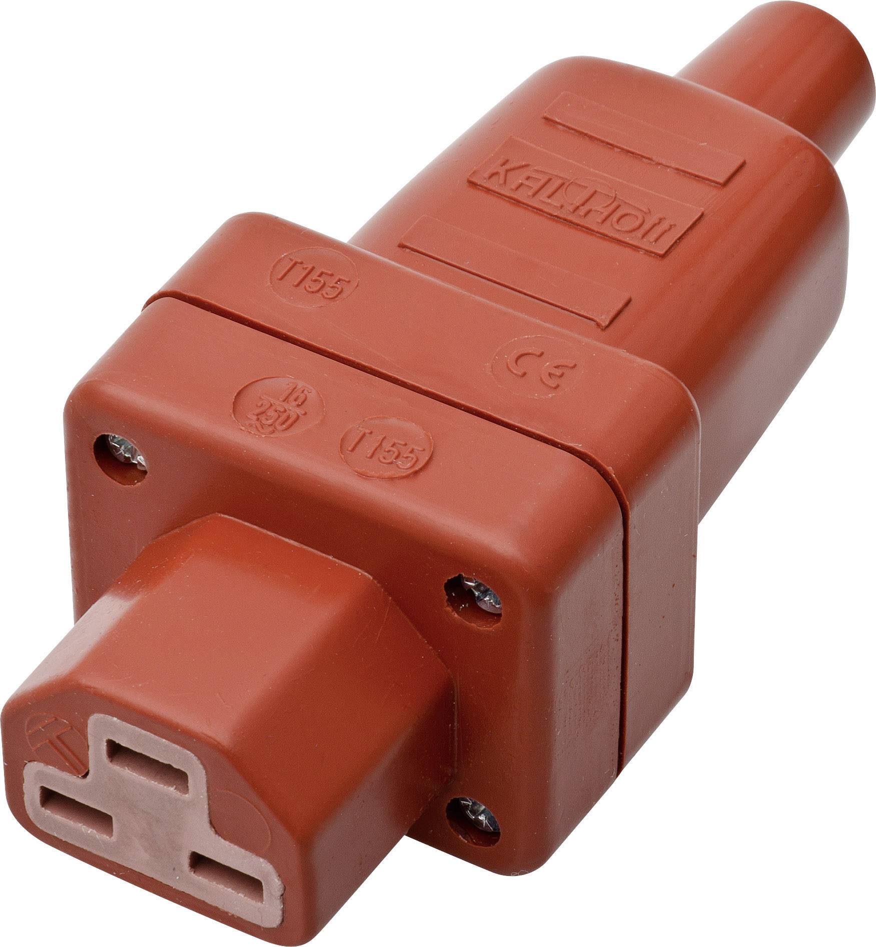 Crveni električni utikač, pravokutnog oblika, s imenom marke na gornjoj strani.