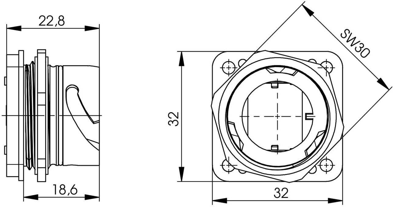 Tehnički nacrt okrugle komponente konektora s dimenzijama: promjer 22,8 mm, kvadratna baza 32 mm, SW30.