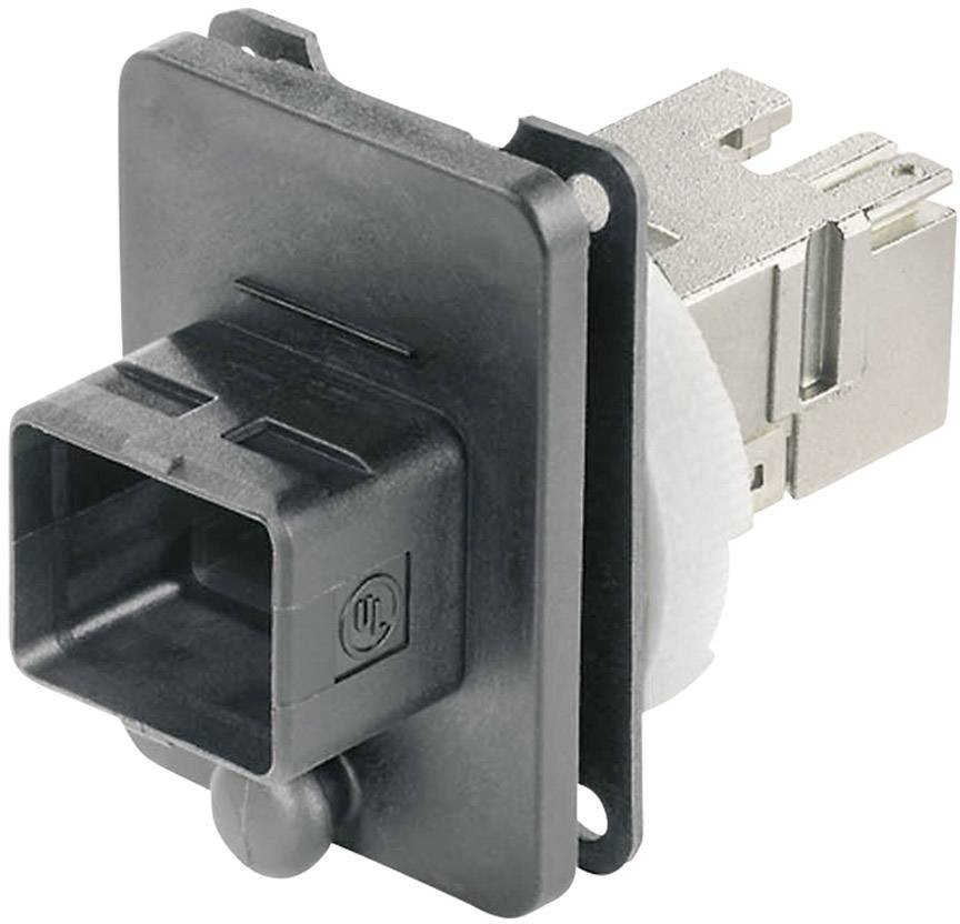 RJ45 utični konektor u crnoj i metalnoj boji, pogodan za mrežno povezivanje. Prikazuje prednju i stražnju stranu s detaljima priključaka.